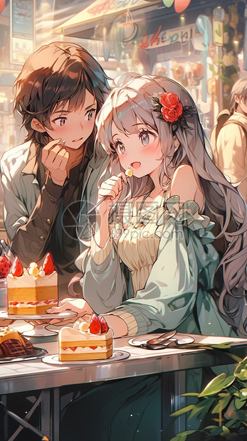 情侣在餐厅吃蛋糕图片