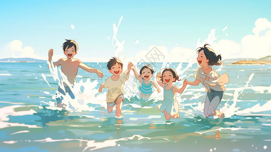 一家四口，带着父母和孩子，在夏日的沙滩上玩水晒太阳，金灿灿的沙滩，湛蓝的海水，摇曳着叶琳，大家欢声笑语，逼真的光影效果，超高清晰图片