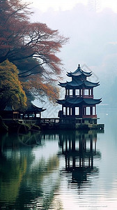 湖上的宝塔背景图片