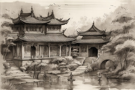 中国古代建筑的水墨画图片