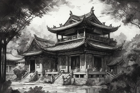 古代建筑的水墨画背景图片