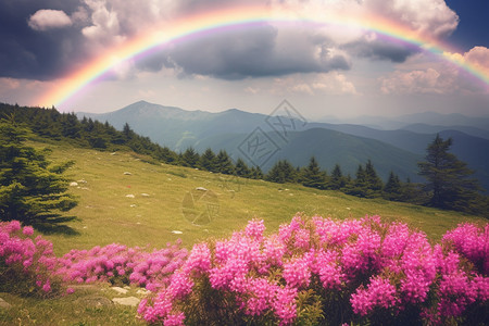 彩虹中盛开的杜鹃花图片