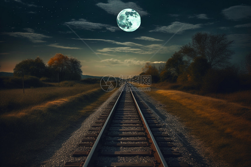 满月挂在铁路尽头图片
