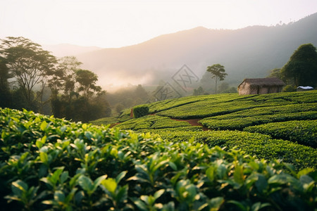 森林山间的茶叶田图片