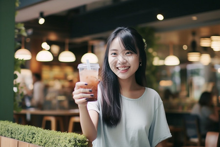 女孩拿着饮品自拍图片