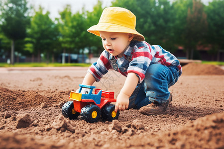 孩子在泥地上玩车子背景图片