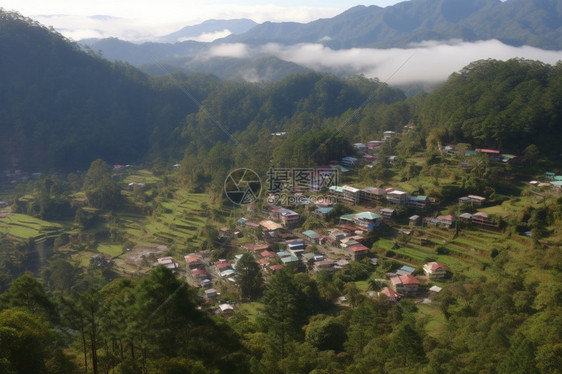 崇山峻岭下的村庄图片