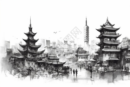 中国塔的水墨画图片