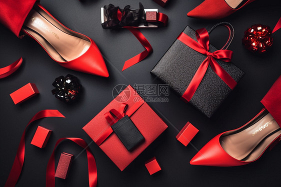 红色高跟鞋和礼品盒图片