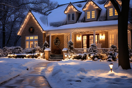 圣诞节房屋户外雪景中的房屋建筑背景