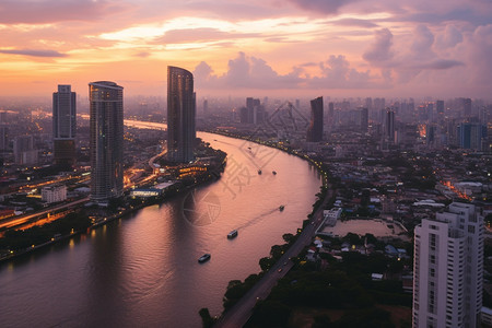 黄昏时的城市建筑自然景观图片