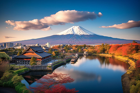 富士山旁的村庄图片