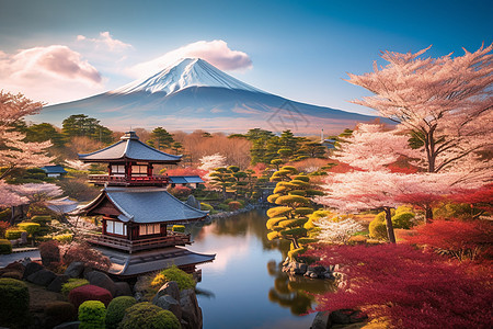 富士山下的亭子图片