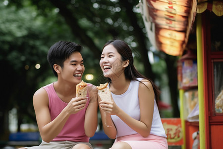 吃着甜食开朗大笑的人背景图片