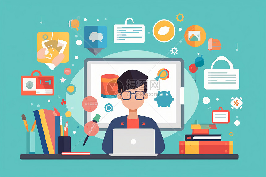 学生在计算机上学习插画图片下载-正版图片600278613-摄图网