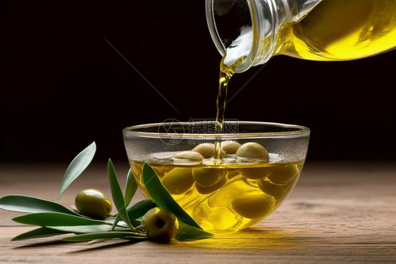橄榄油从瓶子倒入玻璃碗图片