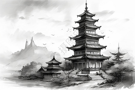 一幅中国钟楼的水墨画图片