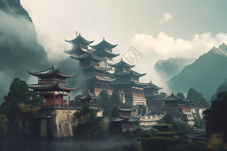 森林中的古代佛教建筑风景画图片