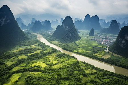 云雾山谷夏天的山水景观背景