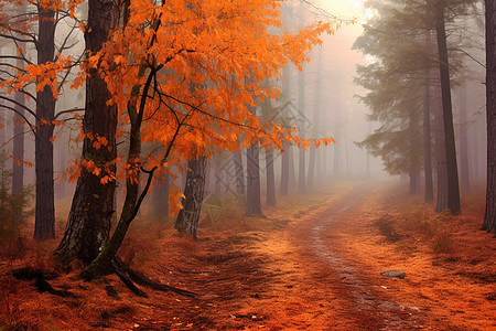 在秋天的森林秋雾图片