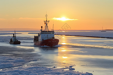 冷冻渔船在日落时返回港口图片