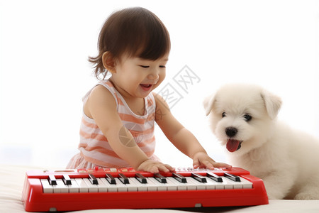 钢琴键盘小女孩和宠物狗背景