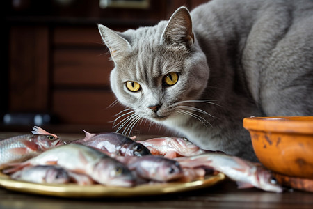 宠物猫前的鲤鱼图片