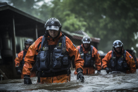 洪水救援搜救的消防员背景