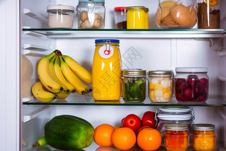 冰箱里的水果和果酱图片