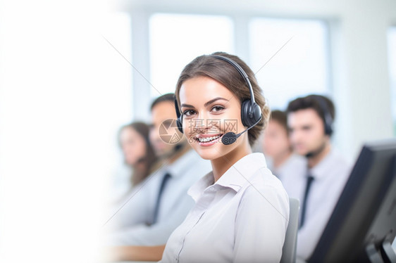 微笑的女性电话推销员图片