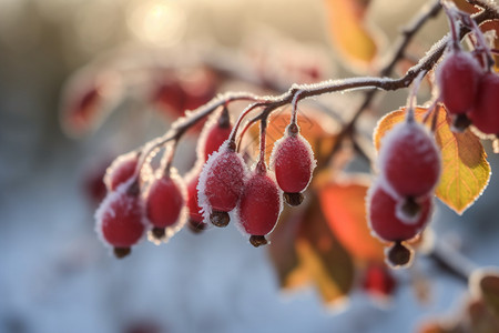 霜降背景冬天树枝上的浆果背景