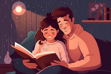 夜晚正阅读的父女背景图片
