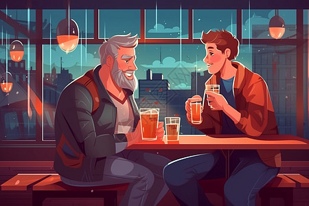 都市里喝啤酒的父子图片