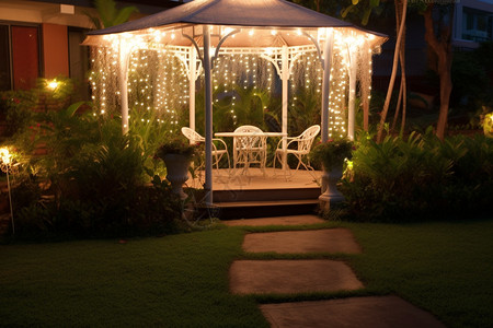夏季庭院凉亭的夜晚景观高清图片