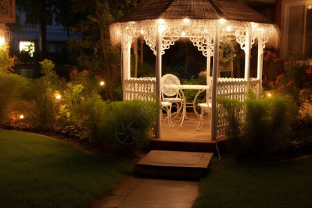 别墅庭院凉亭的夜晚景观背景图片