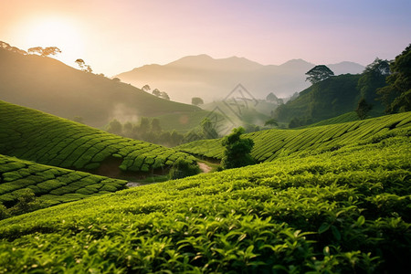 太阳下农庄好看的茶园背景