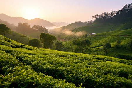 太阳下农庄宁静的茶园背景