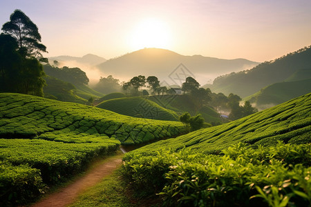 太阳下农庄绿色的茶园背景