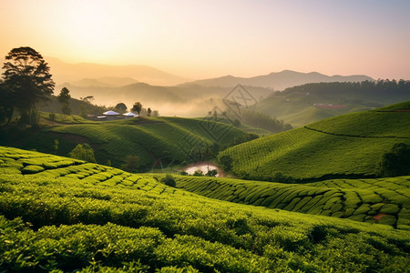 太阳下农庄宽阔的茶园背景