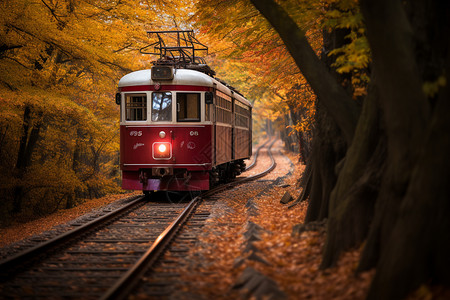铁轨上落满落叶的场景图片