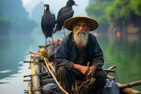 山水里的渔夫背景图片