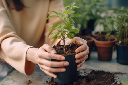 女孩细心养护植物图片