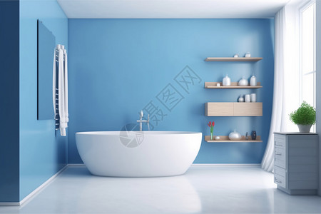 蓝色的浴室窗帘配件高清图片