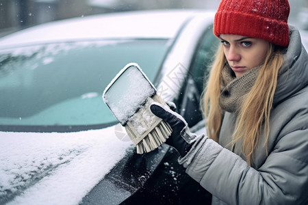 女孩刷挡风玻璃的雪图片