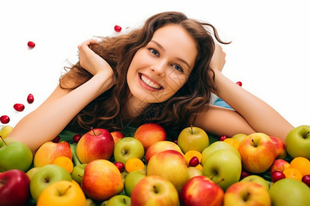 苹果堆旁女人幸福的微笑着图片