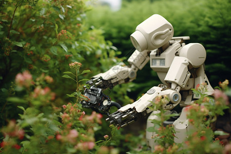 机器人在花园里修剪花草背景图片