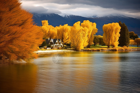 金色的树和湖泊图片