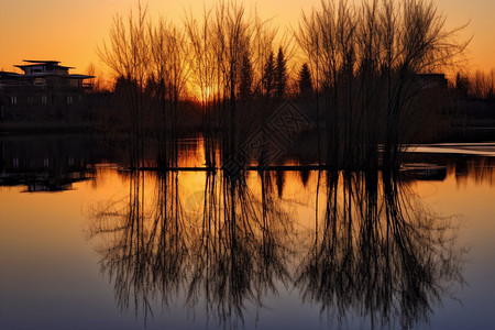 日落时的湖泊景观图片