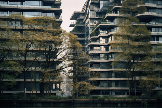 分布在建筑旁的树木图片