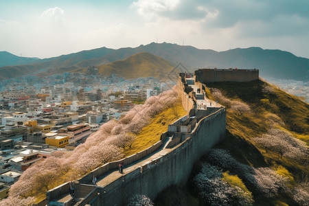 山脉中的旅游建筑图片